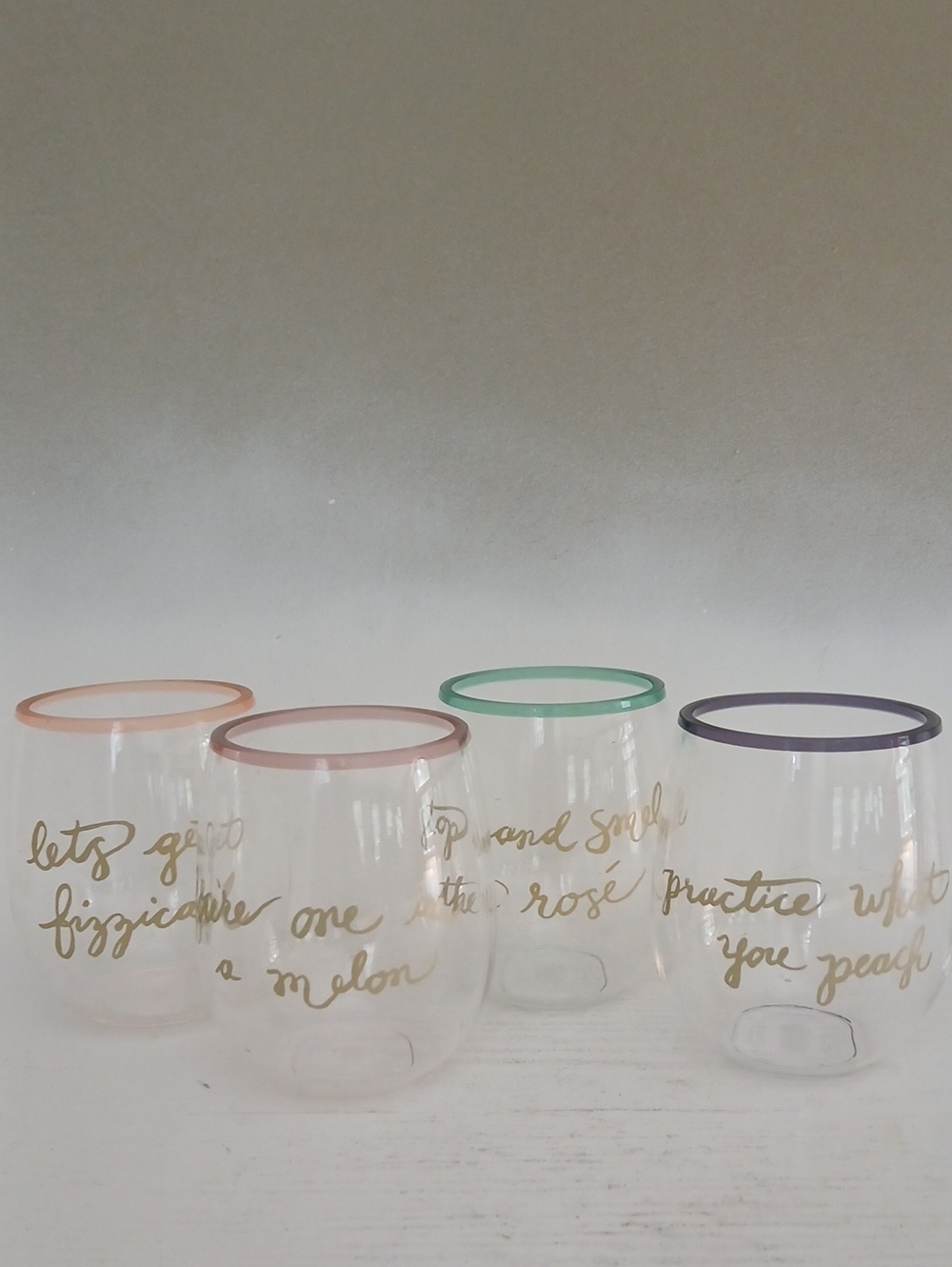 Set of 4 Pastel Rimmed Stemless Wine Glasses with Gold Script